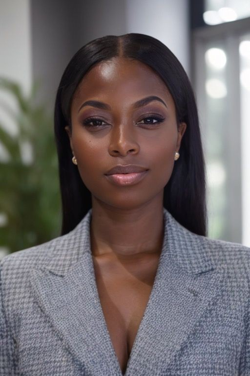 Person wearing a grey checkered blazer, standing indoors with blurred plant and windows in the background.